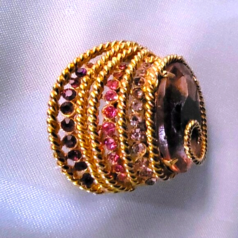 Rare Purple Corocraft Swirl Rope Brooch W/ Huge Brilliant Cut Austrian Crystal